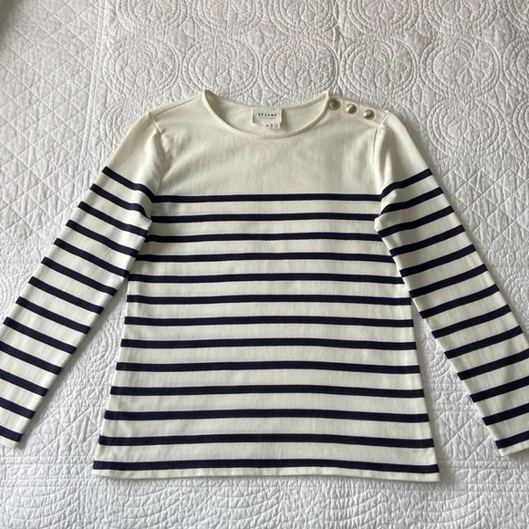 Sezane Loic Mariniere Breton Stripe Shirt White Ecru Blue XS - Picture 4 of 17